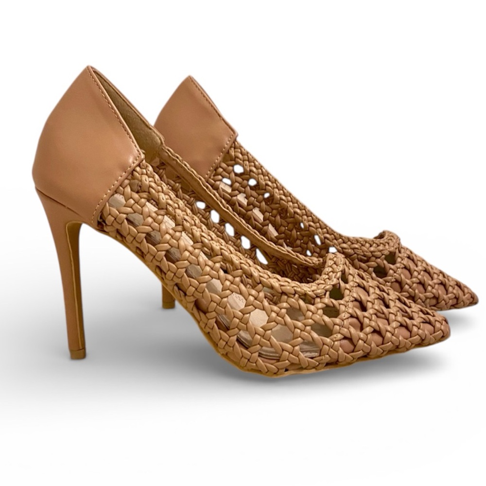 Woven Pointed-Toe High Heels in Tan